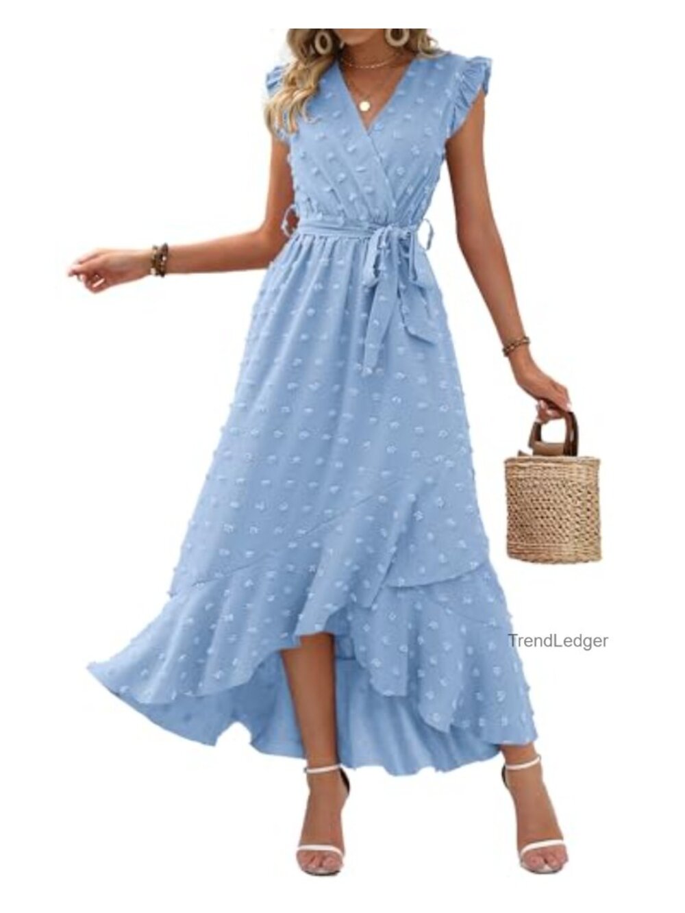 Swiss Dot Maxi Dress Sleeveless V Neck Ruffle Wedding Guest